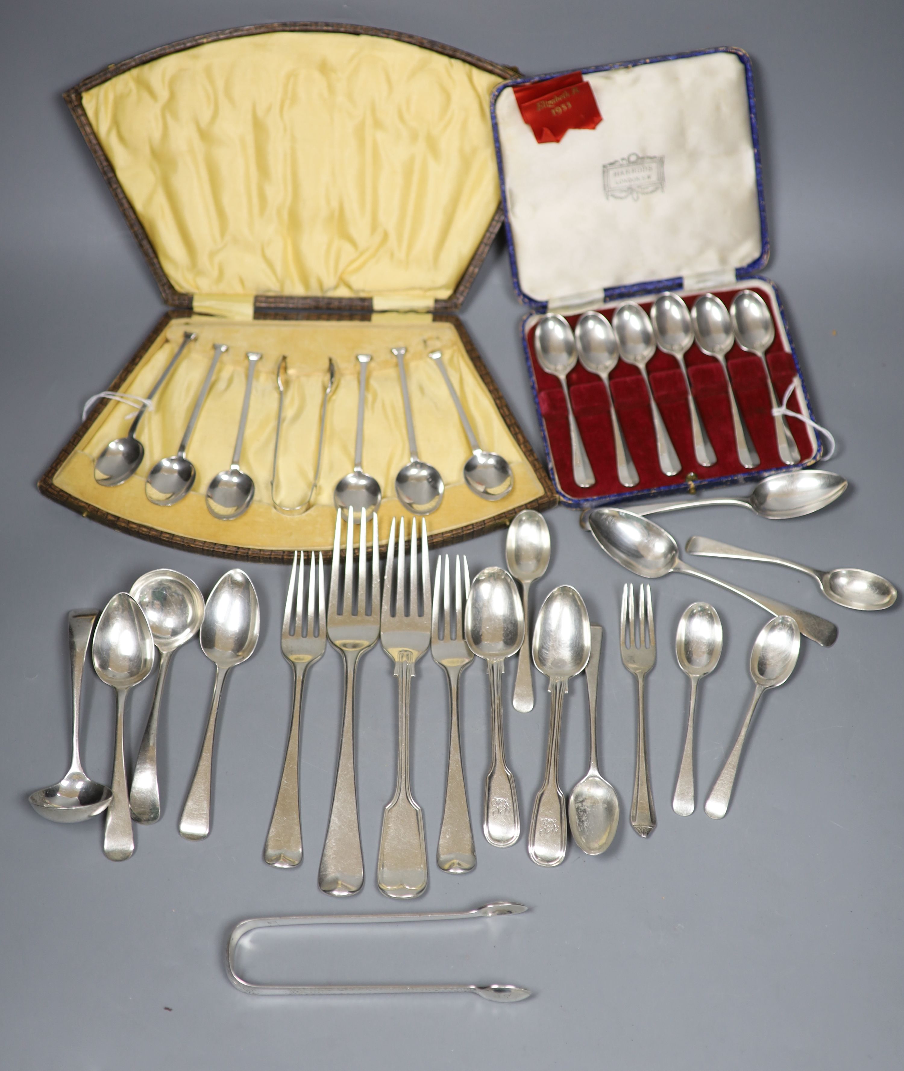 Two sets of silver coffee spoons, cased and miscellaneous Old English pattern and other silver flatware, Georgian and later.